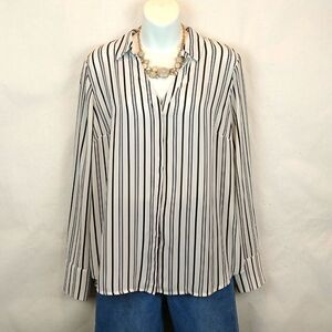 Worthington black/white striped sheer long sleeve button down women's top